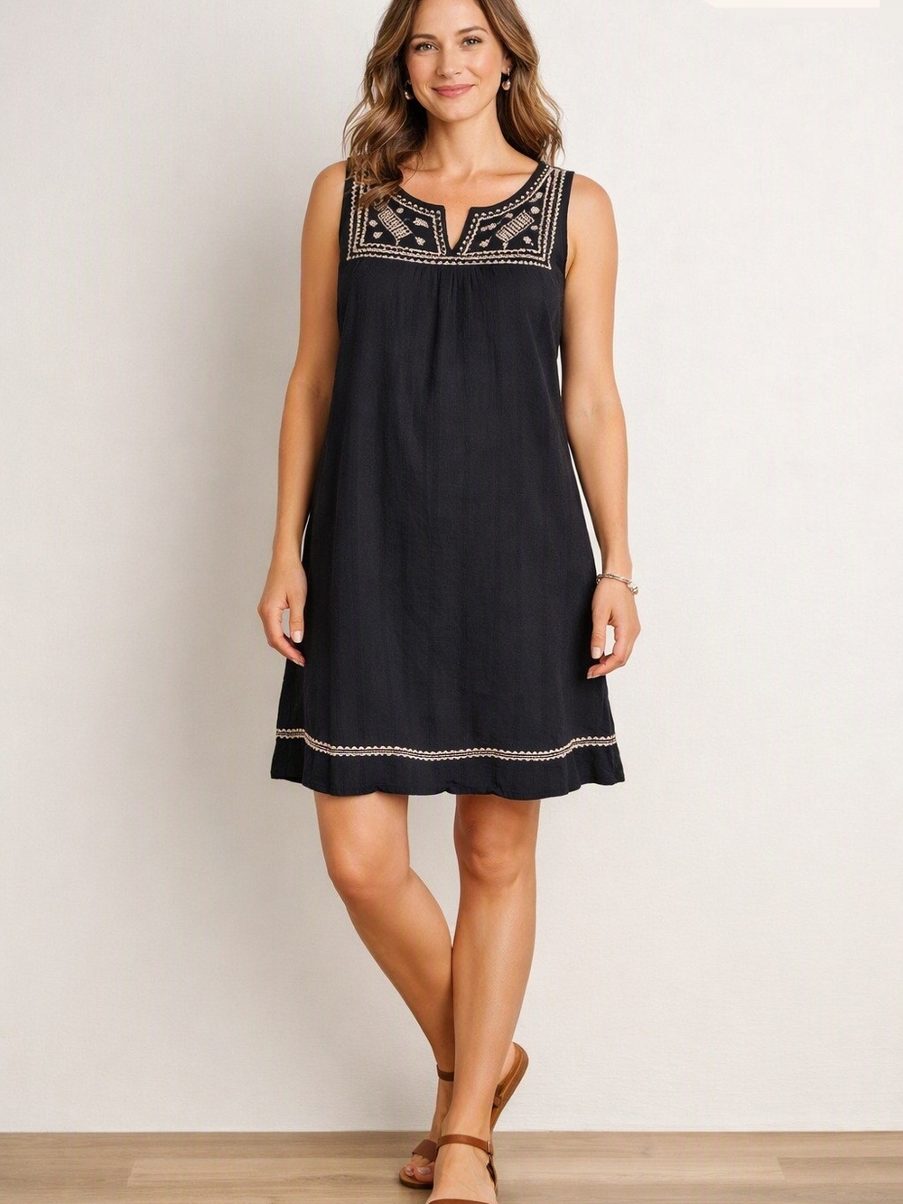 J.Jill Black Embroidered Cotton Dress M - Sleeveless Boho Summer Dress w/Pockets